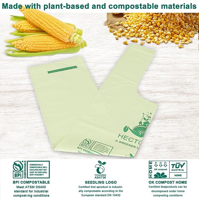 2.6 Gallon 100 Count,Compostable Bags Handle Tie,Tear Resistant Kitchen Food Scrap Waste Bag, ASTM D6400, US BPI and Europe OK Compost Home Certified