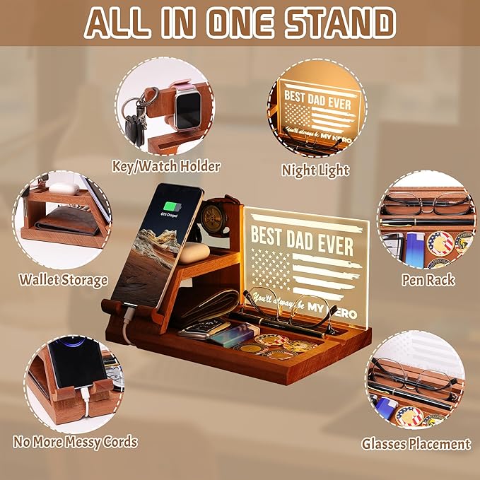 Attivolife Gifts for Dad Men Husband, LED Phone Docking Station Desk Organizer, Cell Phone Stand with Night Light, Best Dad Ever Gift for Father's Day, Key Holder, Stand for Wallet Watch Essentials