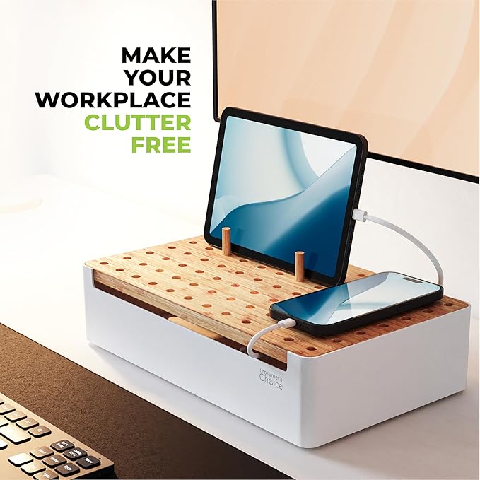 Prosumers Choice Bamboo Charging Station for Multiple Devices - Wooden Charger Organizer with Removable Dividers for Phones, Tablets, and Laptops - 11 Inch Cable Organizer Box - Space-Saving Desk Dock
