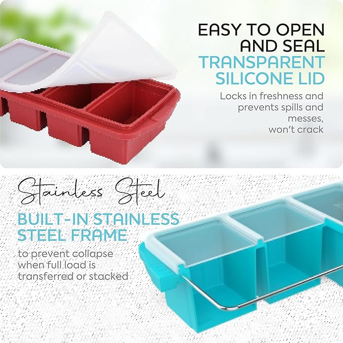 Silicone Freezer Tray With Lid - Soup Freezer Container molds - Large Ice Cube Tray- makes 8 perfect 1 cup portions cubes, 2-Pack Freezer Storage Food Soups & Meal Prep - Oven & Dishwasher -Safe