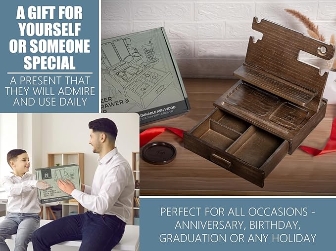 Wood Phone Docking Station for up to 3 Phones - Nightstand Organizer with Drawer for Valuables for Men & Women, Compatible with Apple Watch, Holds Phones, Tablets, Keys, Rings, Glasses, Watches & EDC