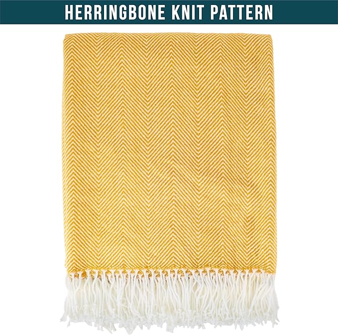 PAVILIA Yellow Herringbone Throw for Couch, Decorative Outdoor Accent Blanket, Faux Cashmere, Lightweight, 50x60