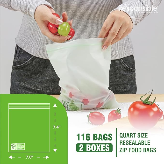 Certified Compostable QUART Resealable Zip Bag, Extra Strength Food Bags, Plant-Based Freezer-Safe (116 Pack)