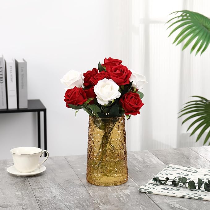 Amber Glass Vase, Flower Vases for Bouquet, Modern Glass Vase for Flowers, Large Vases for Living Room, Bedroom, Kitchen, Office, Wedding, Dining Table, 8 Inches