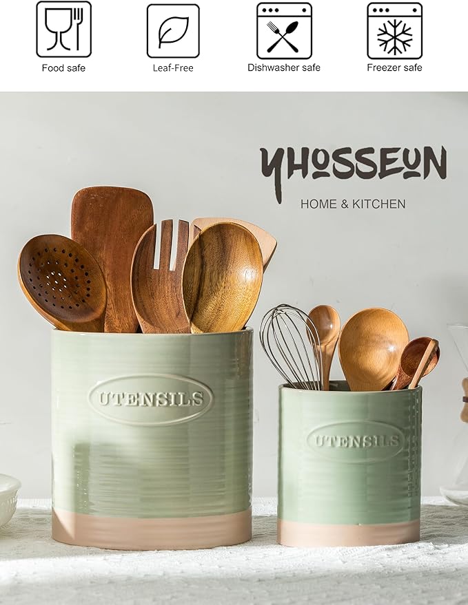 YHOSSEUN Kitchen Utensil Holder, 6.7"+5.1" Ceramic Utensil Holder for Kitchen Counter, Oval Cooking Utensil Crocks for Countertop, Utensil Storage Organizer Set of 2, Green