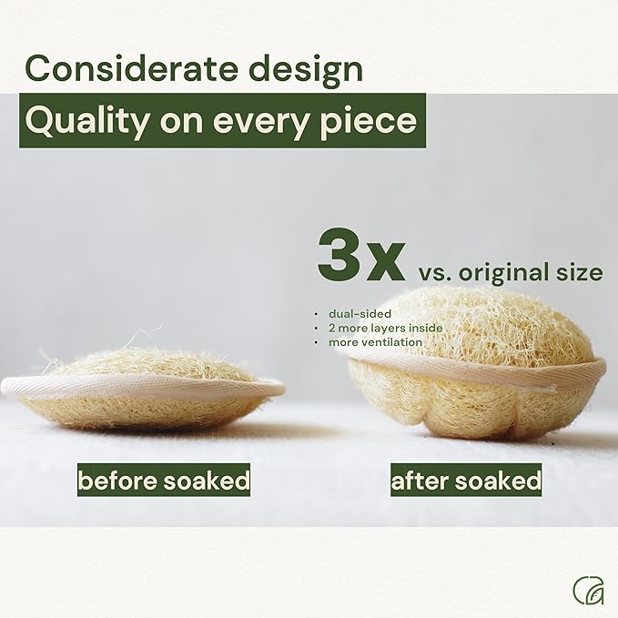 Chill Ah Green Glow All Natural Exfoliator Dual Sided Loofah Bath Sponge Set – 100% Plant-Based, dye-Free, Biodegradable, Scratch-Free, Handcrafted in Vietnam (2-Pack)