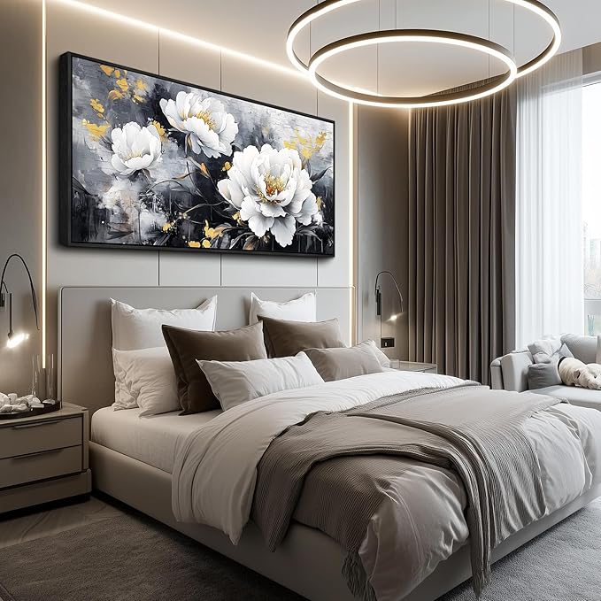 PHAOHUAXM Large Framed Print Canvas Wall Art For Living Room Wall Decor For Bedroom Abstract Wall Painting Ink-Wash White Flowers With Black Frames Dining Room Decor Modern Room Home Decor 20"X40"