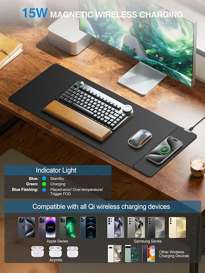 TopMade Wireless Charging Mouse Pad, 31.5"x11.81" XL Large Gaming Mousepad, Waterproof Desk Pad with Ultra-Smooth Surface, Non-Slip Base, Computer Keyboard Mat for MacBook, PC, Laptop