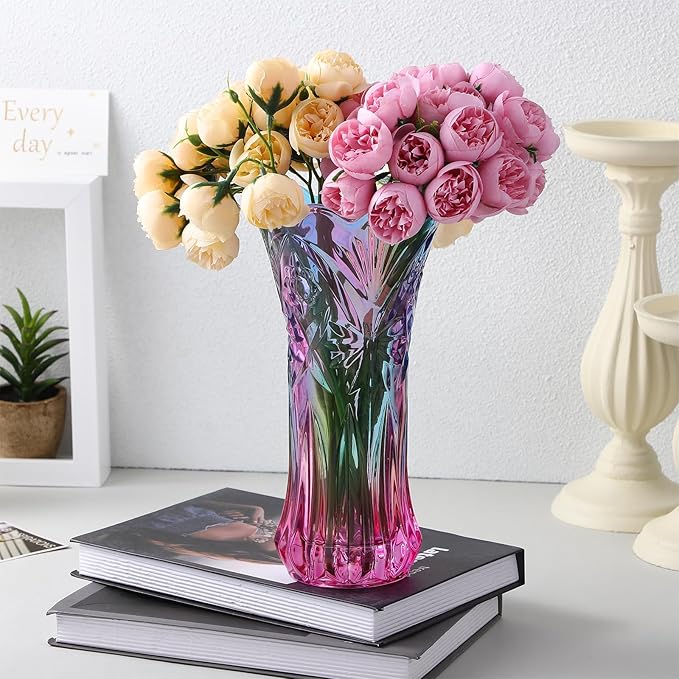 Multicolor Clear Glass Vases Wide Mouth Gradient Flower Vase for Bookshelf Dinner Table Indoor Office Desktop Meeting Room Bathroom Countertop 9.43x4.91x4.91 Inch