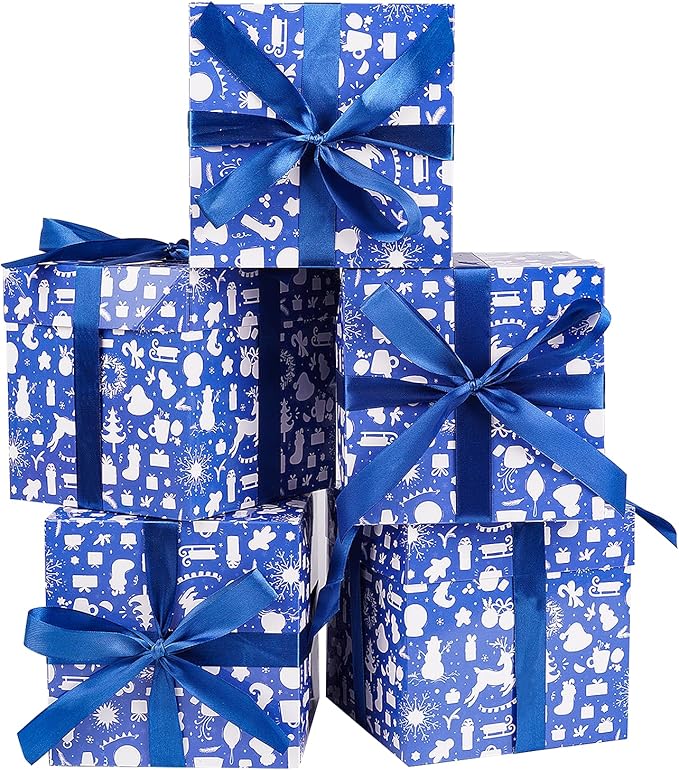 Jaywayang 5 Pack Blue Christmas Gift Boxes with Lids, Ribbons and Tissue Papers Square Gift Boxes - 7.1 Inch - Presents Wrapping Christmas Gift Holiday New Year Party Favor Boxes.