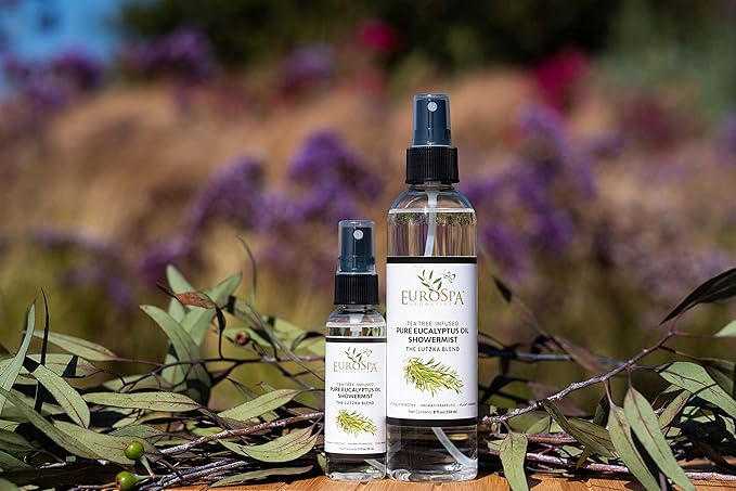 EuroSpa Aromatics Pure Eucalyptus Oil ShowerMist and Steam Room Spray, All-Natural Premium Aromatherapy Essential Oils - Tea Tree Infused, Duo Pack, 8oz and 2oz