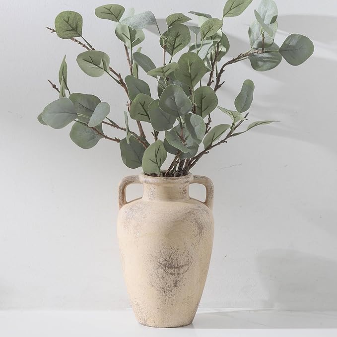 Ceramic Rustic Vase for Flower, 8.85 inch Tall Terracotta Christmas Vases with 2 Handles, Farmhouse Vase for Home Decor, Living Room Shelf Decor, Enterway, Table, Lyeec