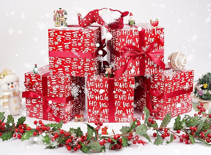 Jaywayang 5 Pack Red Christmas Gift Boxes with Lids, Ribbons and Tissue Papers Square Gift Boxes - 7.1 Inch - Presents Wrapping Christmas Gift Holiday New Year Party Favor Boxes.