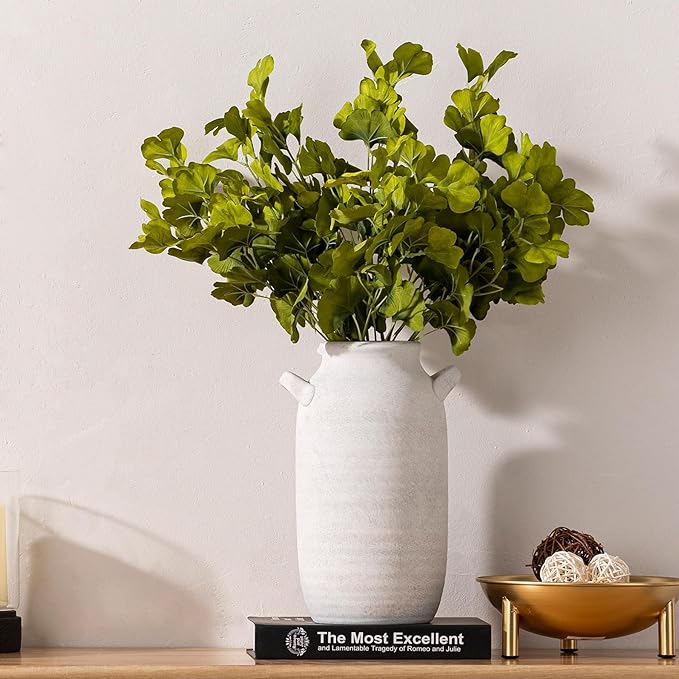 Large Flower Vase Home Decor - 12 inch Tall Ceramic Farmhouse Rustic Table Vases with Handle Living Room Decoration Decorative Rustic Pottery for Floor Kitchen Shelf Coffee Dining Desk Fireplace