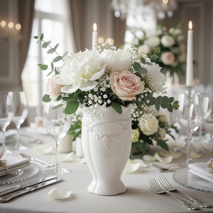 hjn White Ceramic Vase- French Flower Vase for Decor Small Vintage Vases for Flowers/Home Decoration/Kitchen/Table/Living Room/Shelf/Mantel/Office-Height-6.8"