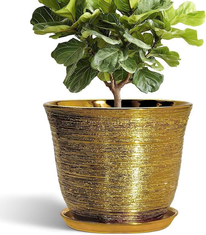 Ceramic Pots for Plants - 12 Inch Planter for Indoor Outdoor, Round Plant Pot with Drainage Hole and Saucer, Decorative Large Planter, Modern Flower Pots, House Decor, Garden Gifts, Gold