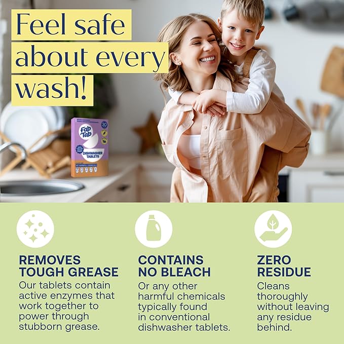 Fab Tab Dishwasher Tablets, Unscented, A Plastic Free Dishwasher Pod Alternative, Powers Through Grease, Leaves No Residue, Safe for The Whole Family, Individually Wrapped