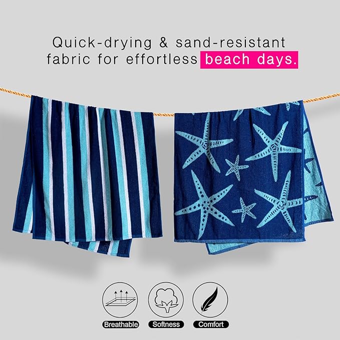CASA COPENHAGEN Miami Bath Towels Designed in Denmark Rough and Tough, Quick Dry, for Pool, Bath & Shower 30"x60", 2 Pieces Cotton Beach Towels Set - Star Fish Navy + Turquoise Stripe