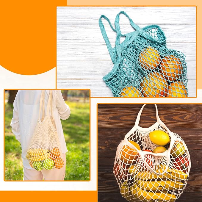 2-Pack Reusable Mesh Grocery Bags, Cotton String Storage Organizer Shopping Bags Washable Produce Bag with Long Handle Portable Net Tote Bag for Vegetables Fruit Farmers Market Shopping