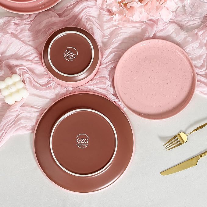 GZG Modern Art Series - 18 Pcs Speckled Stoneware Plates and Bowls Sets, Ceramic Dinnerware Set with Rustic Terracotta Underside, Microwave and Dishwasher Safe Handcrafted Dishes Set - Blush Pink