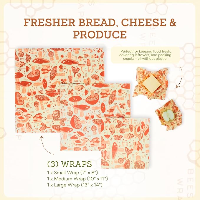 Bee's Wrap Beeswax Wraps for Food - Made in USA Reusable & Organic Food Wraps, Sandwich Wrap & Bowl Covers - Eco-Friendly Alternative to Aluminum Foil & Plastic Wrap, Mushroom Magic 3 Pack (S, M, L)