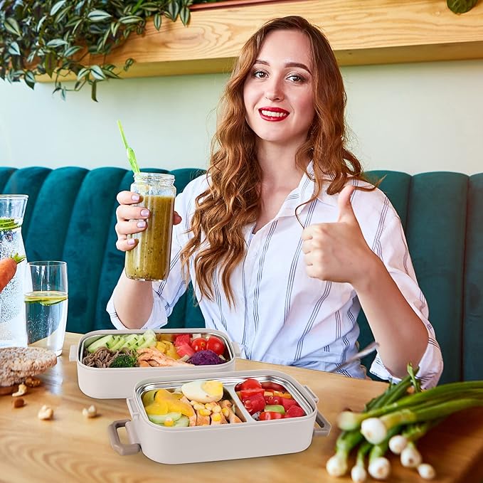 Stainless Steel Bento Box for Adults&Kids,Japanese Leakproof Lunch Box Divided Food Meal Storage Containers Set Stackable 2 Layer for Children School Picnic Beige