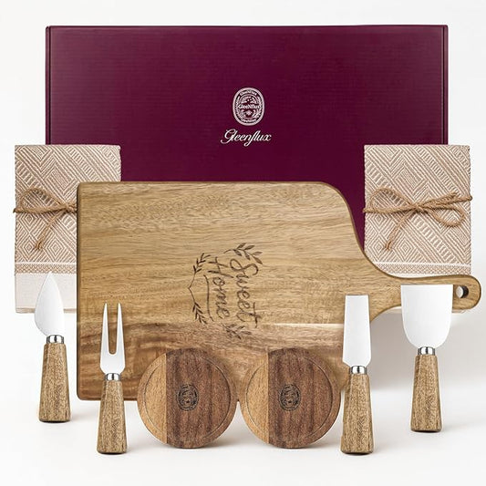Charcuterie Boards & Cheese Knife Gift Set,Acacia Wood Serving Tray with 8-Piece Accessories (4 Cheese Knives + 2 Coasters + 2 Placemats) - Ideal for Couples Housewarming, Weddings, New Home & Holiday