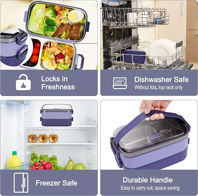 Stainless Steel Bento Box for Adults&Kids,Japanese Leakproof Lunch Box Divided Food Meal Storage Containers Set Stackable 2 Layer for Children School Picnic Blue