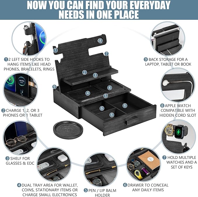 Black Wood Phone Docking Station for up to 3 Phones - Nightstand Organizer with Drawer for Valuables for Men & Women, Compatible With Apple Watch, Holds Phones, Tablets, Keys, Rings, Glasses, EDC