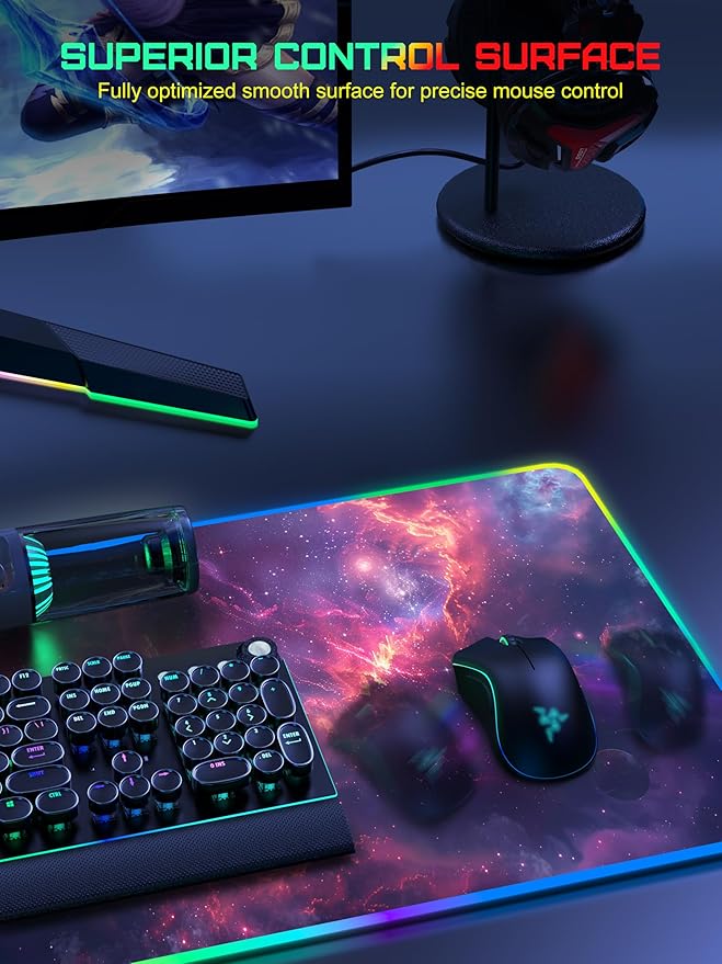 TopMade Wireless Charging Mouse Pad, RGB Gaming Mousepad, 35.4" x 15.8" Extra Large Waterproof Keyboard Desk Pad, Computer Desk Mat, Red Nebula (Includes 20W PD Power Adapter & 6.56ft Woven Cable)