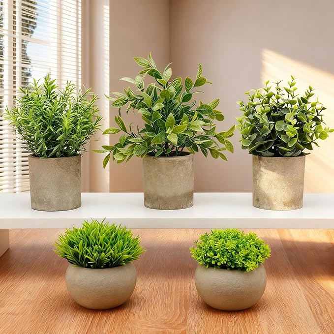 Artificial Potted Plants Faux Greenery in Cement Pots for Shelf, Bookshelf, Office or Home Decor, Small Decorative Fake Plants for Modern Indoor Display