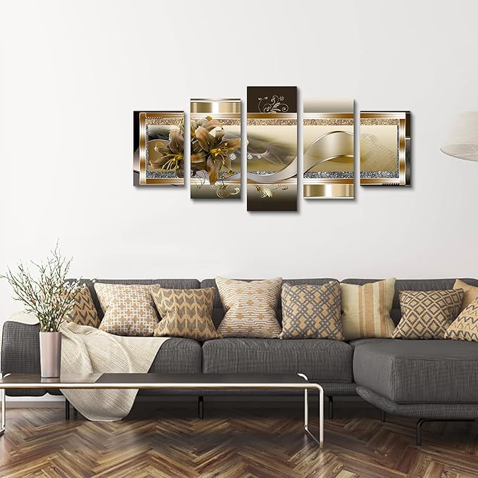 5 Panel Yellow Orchid Flowers Canvas Print - Abstract Golden Floral Wall Decor Poster, 5 pieces Wall Art Painting Decor for Home Decoration Artwork Picture Bedroom Wall Decor (D,Oversize 60x30inch)