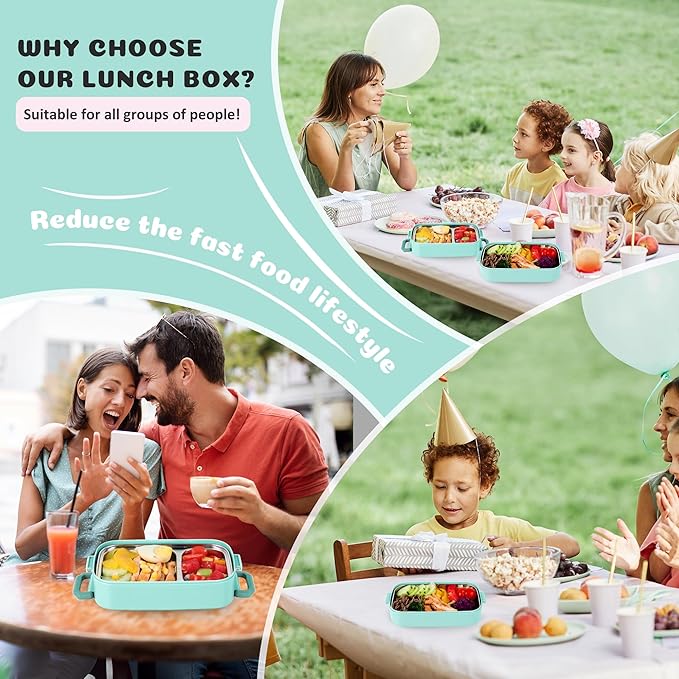 Bento Lunch Box for Kids Women Men, 47oz 2-Compartment Salad Metal Food Prep Pack Container for Lunch, Stainless Steel 3 Layers Stackable Lunch Containers with Lids for Adults and Teens Light Green