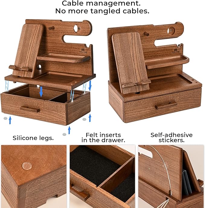 TESLYAR Wood Phone Docking Station with Drawer - Nightstand Organizer - Desk Organizer for Husband - Birthday Gifts for Men, Dad, Anniversary Idea, Key Holder Stand Watch & Accessories (Earth Beige)