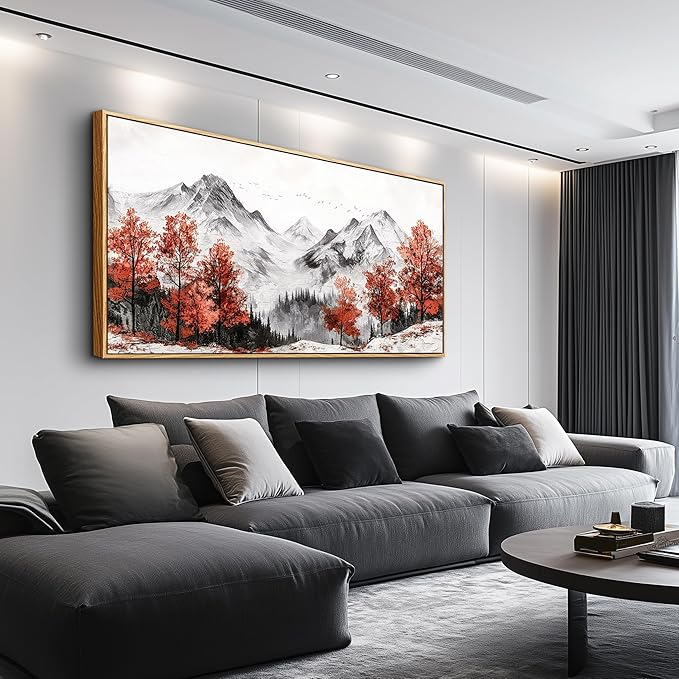 PHAOHUAXM Large Canva Wall Decor For Living Room Wood Framed Wall Art For Bedroom Office Murals Red Tree Ink-Wash Mountain Landscape Painting Pictures Modern Restaurant Room Home Decoration 30"X60"