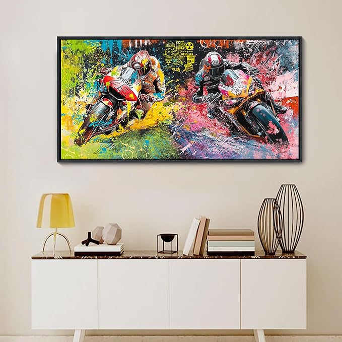 JEAWA Framed Canvas Wall Art - 24x48 In Large Abstract Painting Decor, Motorcycle Racing Color Graffiti Pictures, Modern Art Prints for Bedroom Living Room Bathroom Home Decoration