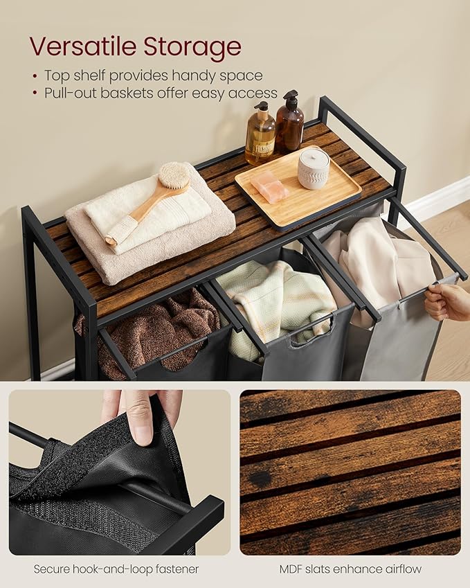 VASAGLE Laundry Hamper, Laundry Basket, Laundry Sorter with 3 Pull-Out and Removable Bags, Shelf, Metal Frame, 3 x 10.6 Gallons (40 L), 36.4 x 13 x 28.4 Inches, Tricolor and Rustic Brown UBLH301X01