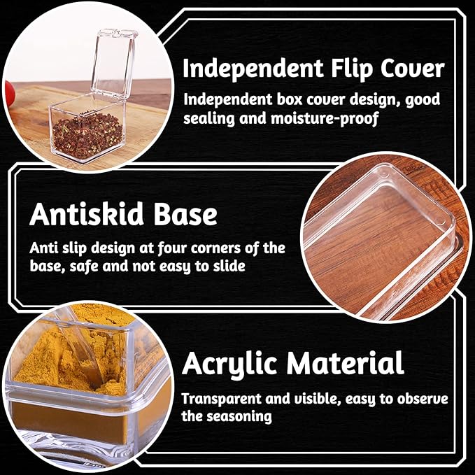Seasoning Box Set, 4 Piece Clear Acrylic Spice Pots, Jars Condiment Containers with Cover and Spoon Seasoning Rack Storage Container Kitchen Cooking Organizer Tools for Spice Salt Sugar Cruet