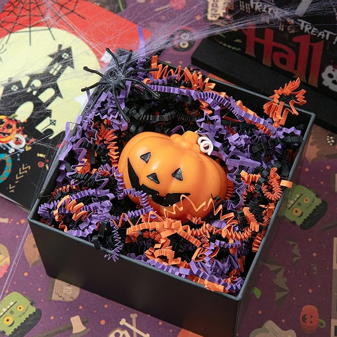 Mefleet 2 LB Halloween Crinkle Cut Paper Shred Filler Orange & Purple & Black Crinkle Shredded Paper for Boo Basket - Gift Box Bag Filler - Grass Cushion Stuffing for Halloween Wrapping
