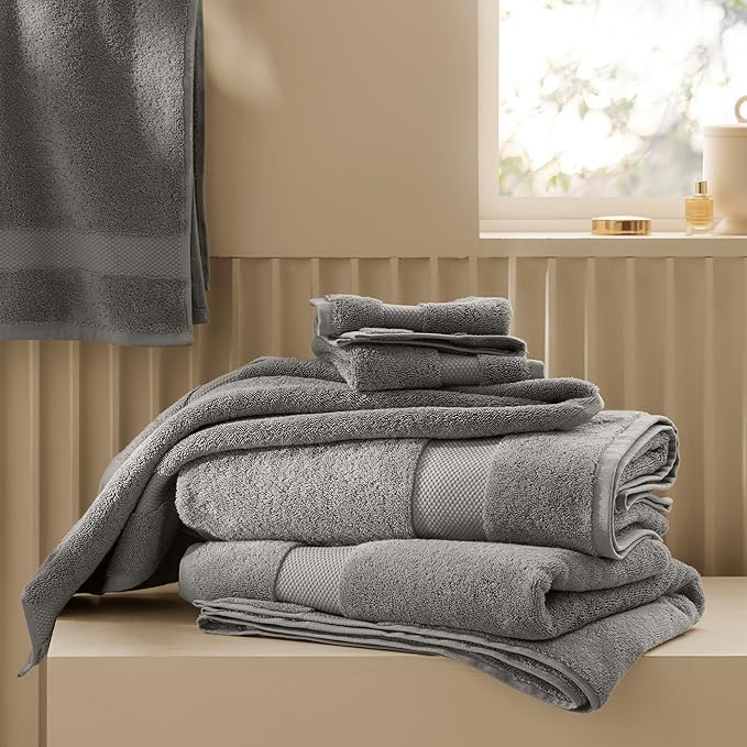BOLL & BRANCH Plush Bath Towel Set - Stone - 6 Piece - Includes 2 Bath Towels, 2 Hand Towels & 2 Washcloths - 100% Organic Cotton - Ultra Soft & Luxurious - Quick Absorbing