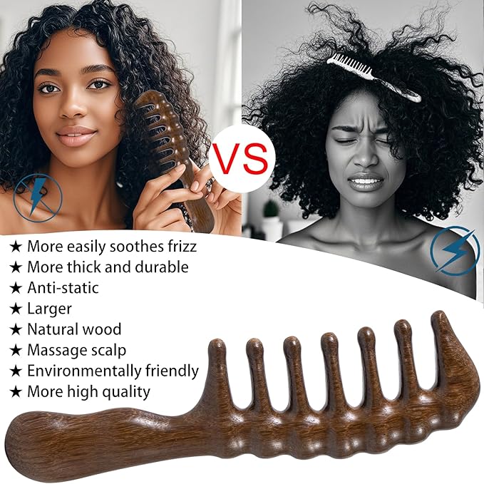 Wooden Wide Tooth Massage Comb, Large Thicken Natural Sandalwood Hair Combs for Curls, Women and Men, Detangles Long Thick Wet or Dry Hair, Head Scalp Massager, Anti-static (Golden)