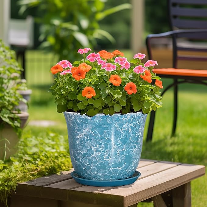 12 Inch Pots for Plants - Ceramic Planter with Drainage Hole and Saucer, Round Large Plant Pot for Indoor Outdoor, Modern Decorative Planters, Home Apartment Decor, House Warming Gift, Blue