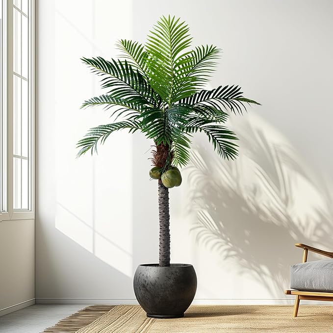6FT Artificial Phoenix Palm Tree with Coconut Fruit Outdoor Indoor Decor Large Faux Coconut Silk Palm Tree Tropical Fake Tree Large Faux Sago Palm Plant for Home Yard Outside Patio Poolside