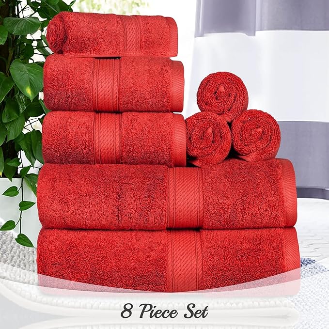 BLUENILEMILLS Madison Egyptian Cotton Towels, Towel Set for Bathroom, Shower, Hotel, Plush, 900 GSM, Highly Absorbent and Ultra-Soft Towels, Bath Essentials, 8 Piece Assorted Towel Set, Red