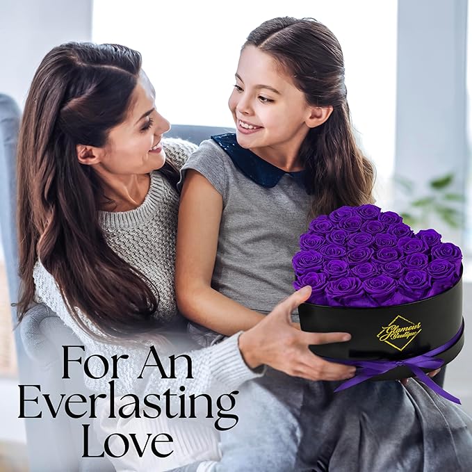 GLAMOUR BOUTIQUE 27 Flower Forever Heart Shape Box - Preserved Roses Gift for Her, Preserved Flowers, Purple