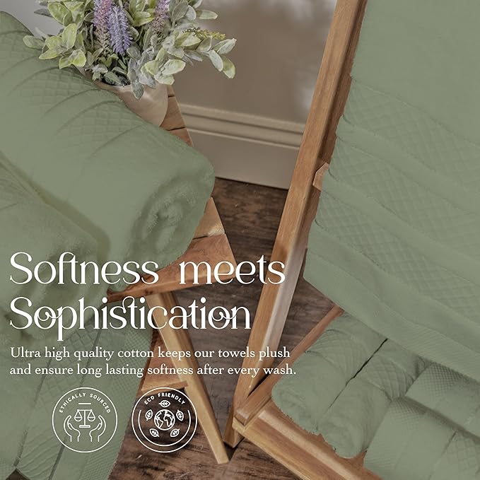 Premium Towel Set: Super absorbent, quick-drying, soft, plush. Features hanging loop, fade-resistant, eco & skin-friendly dyes. Luxury dobby design for bath or spa. (Sage Green, Bath Towel Set of 4)