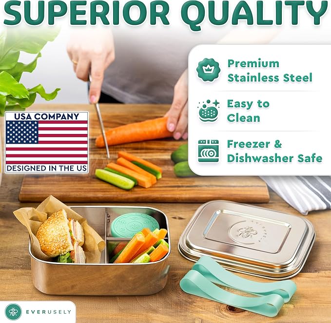Everusely - Bento Box - Green, 37oz / 1.1 L - Stainless Steel Lunch Box with Leakproof Condiment Container - 3 Compartment Snack Organizer for On the Go Meals - Freezer & Dishwasher Safe