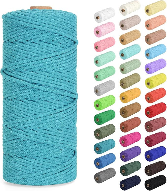 Macrame Cord 3mm x 109Yards (328Feet), Natural Cotton Macrame Rope - 4 Strands Twisted Macrame Cotton Cord for Wall Hanging, Plant Hangers, Crafts, Gift Wrapping and Wedding Decorations, Lake Green