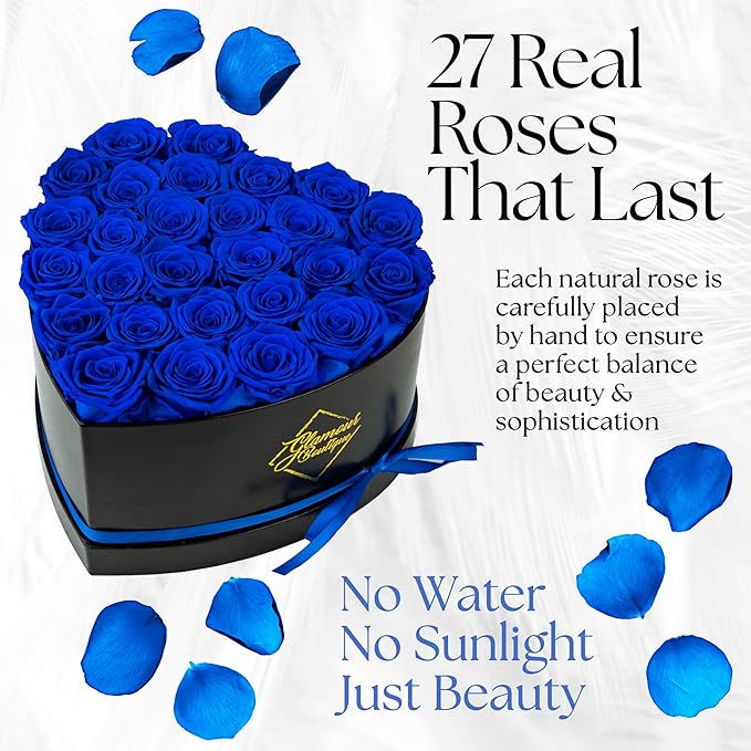 GLAMOUR BOUTIQUE 27 Flower Forever Heart Shape Box - Preserved Roses Gift for Her, Preserved Flowers, Blue