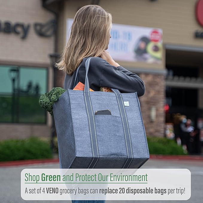 VENO 4 Pack Reusable Grocery Bags, Heavy-Duty Shopping Bags with Handles, Bags for Shopping Cart with Hard Bottom to Stand Upright, Foldable, Multi-Purpose(Gray, 4 Pack)